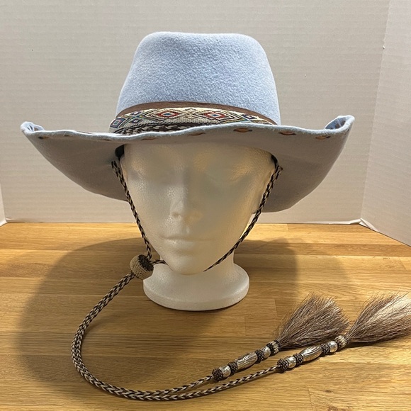 Carol Carr Palm Beach Light Blue Felt Cowboy Western Hat +Chin Strap & Tassels - Picture 1 of 16
